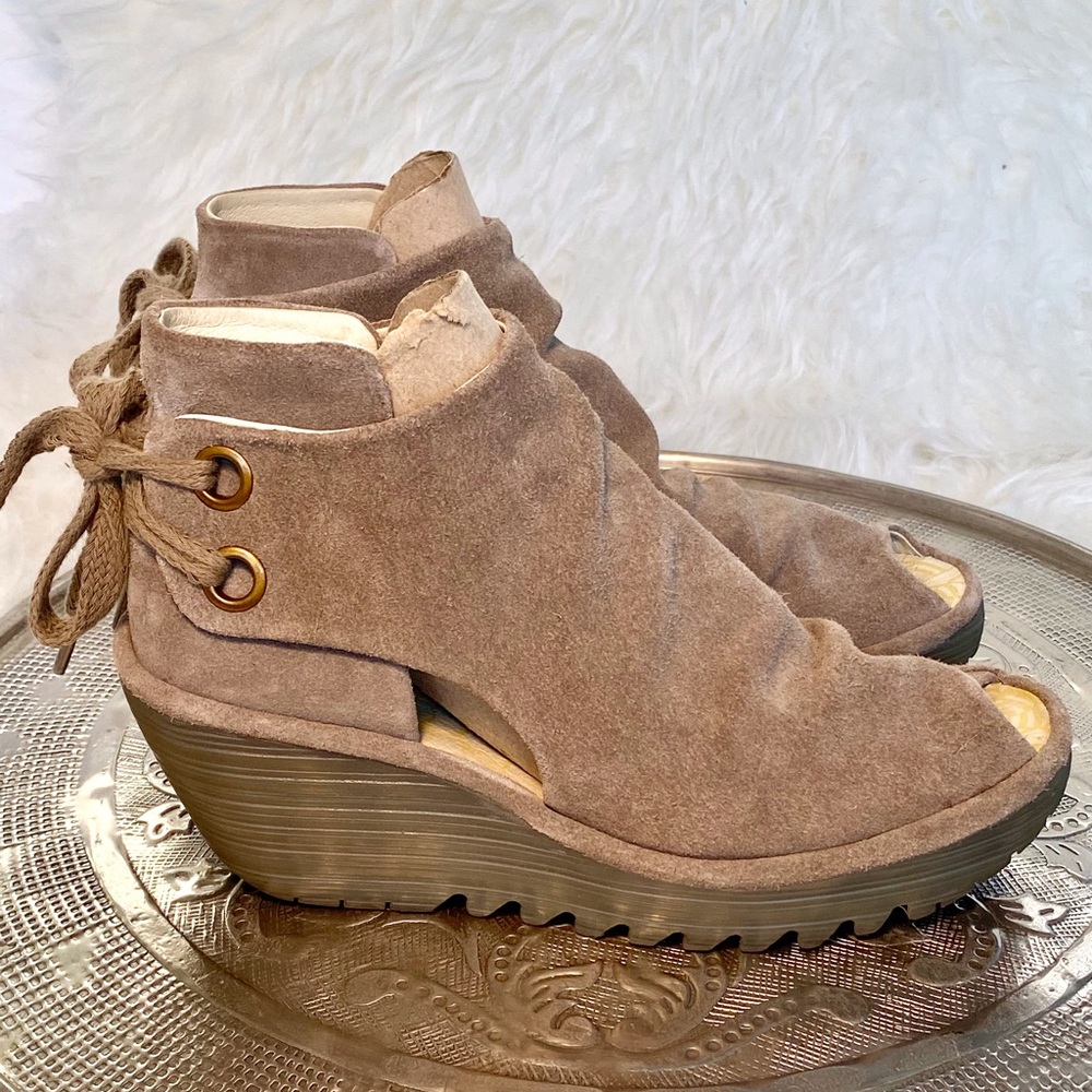 FLY London suede wedge sandal.